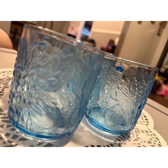 Vintage Kig Indonesia Glass Mugs - Set of 4, Ice Blue, Embossed Fruit GREAT USED - Picture 4 of 9